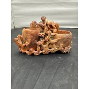 Antique Chinese Soapstone Brush Pot Hand Carved Figural Monkeys Birds Lotus